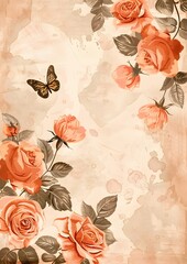 Wall Mural - vintage background with roses and butterflies  watercolor, peach color