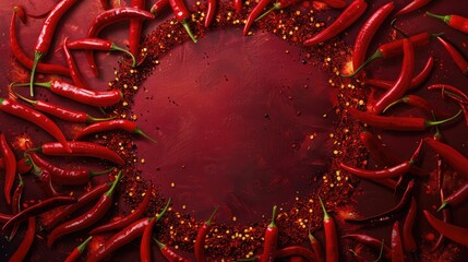 Wall Mural - red hot chili peppers, popular spices concept - decorative circle made from beautiful red hot chili pepper pods on red background, in the middle is free space for text, top view, flat lay
