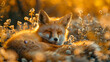 A fox is sleeping in a field of flowers