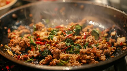 Sticker - A close-up of a sizzling hot pan filled with crispy Pad Krapow Moo, fragrant with Thai basil and chili, ready to tantalize taste buds.