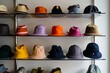 A curated selection of headwear displayed on a minimalist chrome rack, featuring bucket hats, berets, and beanies crafted from premium materials, emphasizing quality and versatility in 