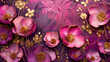 Bright pink and gold beautiful flowers on deep purple. An illustration in a picturesque style.