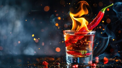 Wall Mural - Hot chili pepper in a shot glass with a fire on a black background ,Red hot chili pepper burns on black background ,Hot pepper with flame, Beautiful red chili pepper in a glass, on fire