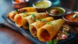 A colorful array of Indian dosas served on a traditional platter, accompanied by chutneys and sambar for a deliciously authentic experience.