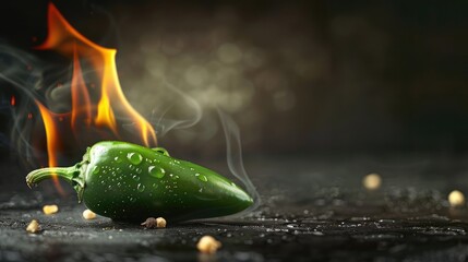 Wall Mural - Hot green jalapeno pepper on fire on dark background ,A flaming green hot chilli pepper on fire, Burning hot spicy chilli food, green chili pepper close-up in a burning flame on a black 
