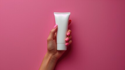 female hand holding blank white squeeze bottle plastic tube on pink background