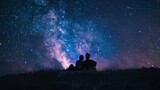 Fototapeta Kosmos - A couple stargazing in a remote wilderness, lying on a blanket under a canopy of twinkling stars, lost in the beauty of the night sky.
