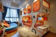 A whimsical kids room design incorportating tinted car windows as unique decorative accent walls that block light