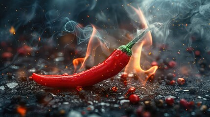 Wall Mural - Red hot chili pepper on a dark background, Close-up, smoke fire ,Chilli peppers isolated, Spicy chile cayenne pepper with abstract fog or steam mist cloud ,Hot smoking Chili, black Background
