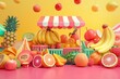 A colorful fruit stand with a pink and white awning