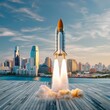 From City to Cosmos: Rocket Launch Amidst Urban Scenery