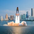From City to Cosmos: Rocket Launch Amidst Urban Scenery