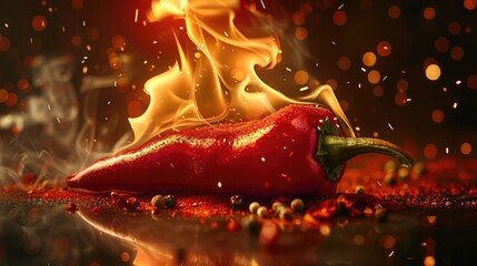 Wall Mural - Red hot paprika. Hot red pepper, burning like fire. Food photo concept ,A flaming hot red chilli pepper on fire, Burning hot spicy food,Hot chili peppers on wooden background with fire and smoke
