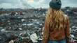 Blonde woman environmental activist at a landfill in Latvia, Eastern Europe. Concept Environmental Activism, Landfill Photography, Blonde Woman, Latvia, Eastern Europe