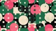 A pattern of green, pink and black circles with white dots in the center. The background is a grid made up entirely of geometric shapes in various sizes and colors. It has an abstract feel to it