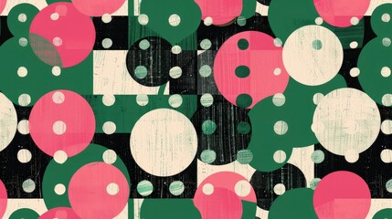 Wall Mural - A pattern of green, pink and black circles with white dots in the center. The background is a grid made up entirely of geometric shapes in various sizes and colors. It has an abstract feel to it