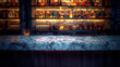 Dark marble bar counter and shelves with bottles in blurred background