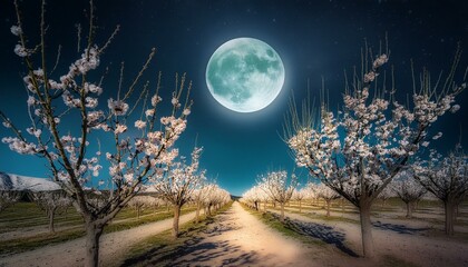 Wall Mural - Almond trees in bloom under the moon 