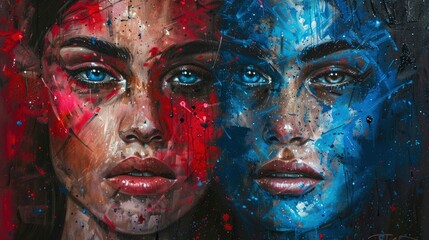 Wall Mural - Create an award winning realistic hyperdetailed portrait of two beautiful women with red and blue paint splattered on their faces, symmetrical eyes, high contrast