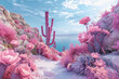 psychedelic vapor wave and surreal scenery with cactus and flower on an island on the sea, on an alien planet, trippy wallpaper art