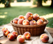 Basket full of ripe peaches on table in garden setting