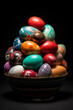 A colorful Easter basket overflowing with painted eggs in spring pastels, a symbol of the festive spring holiday.
