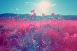 psychedelic vapor wave and surreal scenery with flowers on a field on an alien planet, trippy wallpaper art, false color tones