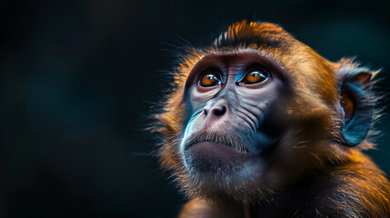 Wall Mural - A monkey with a brown face and brown fur is looking at the camera