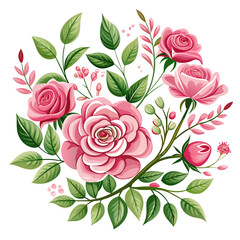 Wall Mural - Floral branch set with pink roses and green leaves, perfect for wedding themes