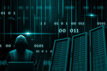 Silhouette du cybercriminel devant son écran d'ordinateur portable s'attaquant à des serveurs informatiques sur fond de données binaires vert bleu bleen