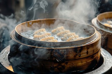 Chinese dumplings being steamed on the traditional bamboo pan .