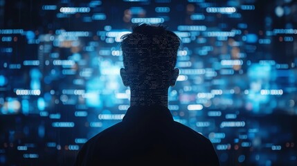 A man stands in front of a large screen with a binary code.