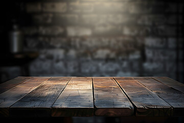 Wall Mural - Old wood table with blurred concrete block wall in dark room background.
