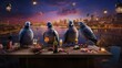Hipster pigeons enjoying artisanal cocktails at a rooftop lounge, with a panoramic view of the cityscape below.