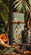 A green leather case with a floral pattern and a brown leather strap