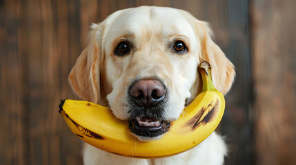 Wall Mural - photo of a dog with banana in his mouth 