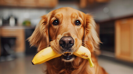 Wall Mural - photo of a dog with banana in his mouth 