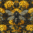 A bee on a honeycomb surrounded by yellow flowers.
