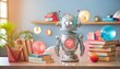 closeup of whimsical, retro futuristic home office desk decoration, highly detailed chrome robot head with glowing led lights, crystal balls, books, bokeh, pastel colors