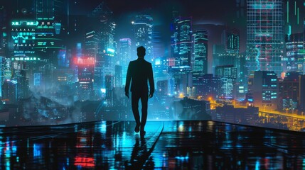 Poster - Business technology concept, Professional business man walking on future Bangkok city background and futuristic interface graphic at night, Cyberpunk color style
