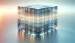Futuristic glowing cube with grid structure on a subtle background.