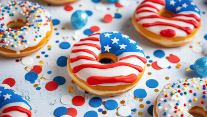 Sugar cookie donuts decorated with red, white and blue icing in American flag patterned design on top. Decorating a holiday food table. Independence Day or Memorial Day celebration. 4th Of July.