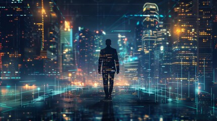 Poster - Business technology concept, Professional business man walking on future Bangkok city background and futuristic interface graphic at night, Cyberpunk color style