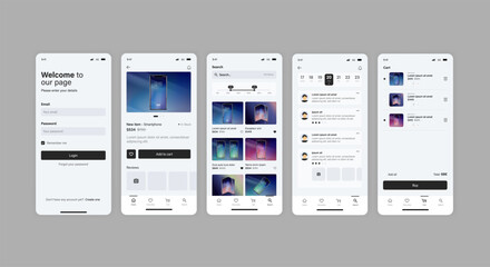 Wall Mural - Smartphone UI app. Phone screens for shop application. Mobile interface with account login and shopping cart. Screenshots responsive website mockups.