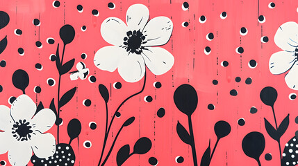 Wall Mural - Pink background with black dots and white colored flower shapes. 