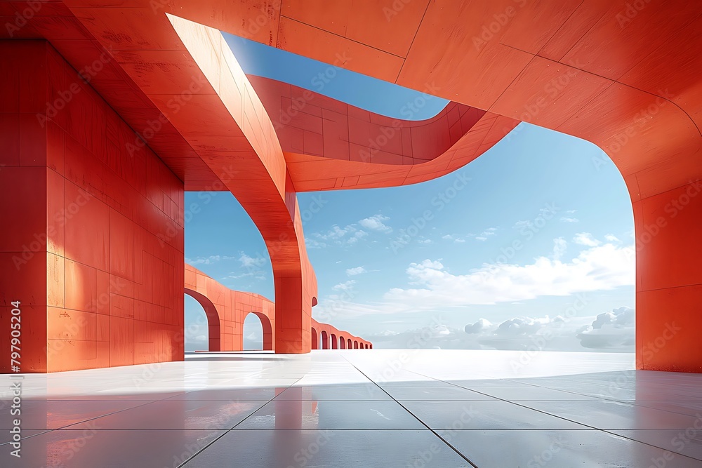 Red abstract buildings and open spaces, 3D rendering of buildings and ground and sky materials synthesis