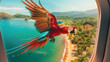 Scarlet macaw soaring above a coastal landscape in Brazil
