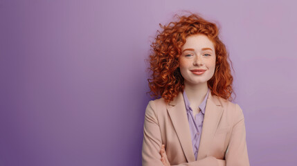 A beautiful young smiling woman with red curly hair and freckles wearing a beige jacket on a lilac background. Banner with space for text.