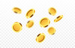 Realistic gold coins png. Explosion of gold coins png. Gold coins fall from the sky. Victory, easy money.