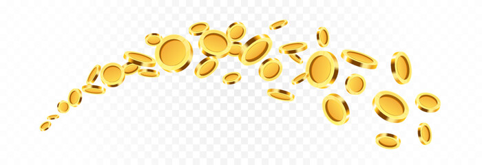 Realistic gold coins png. Explosion of gold coins png. Gold coins fall from the sky. Victory, easy money.